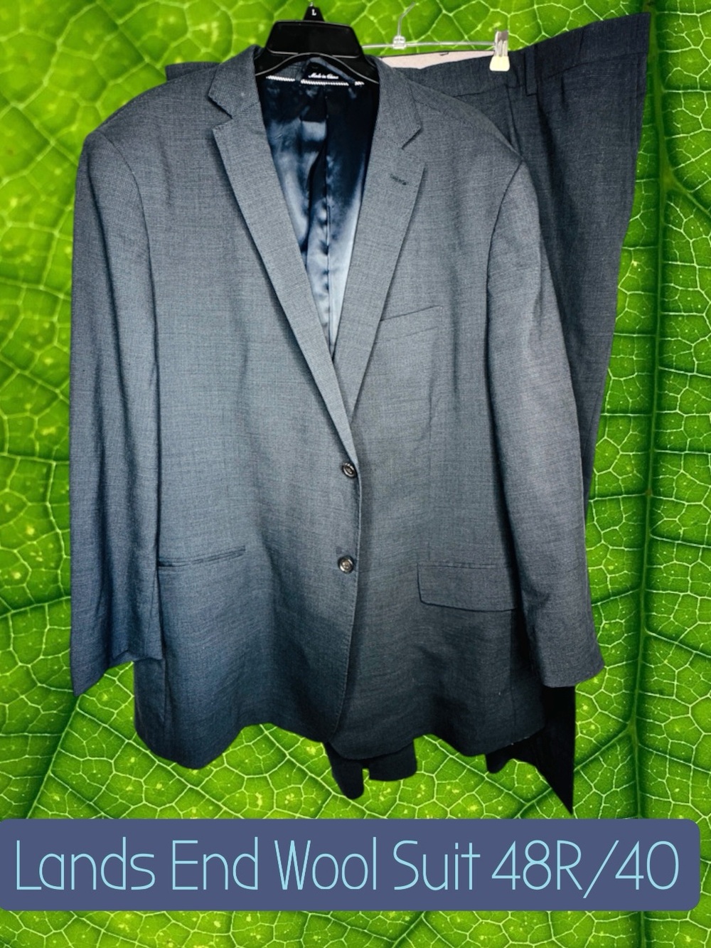 Lands’ End Men’s 2-Piece Wool Suit 48R Jacket 40 Pants Taylor Fit Black Navy